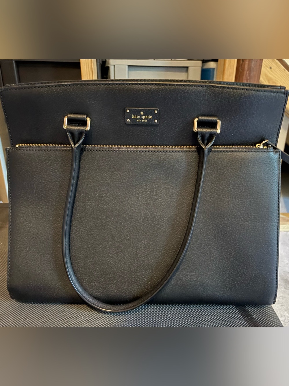 kate spade black leather tote with gold hardware